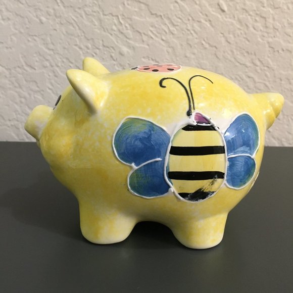 Piggy Bank Yellow Ceramic With butterfly Collectable - Picture 3 of 8